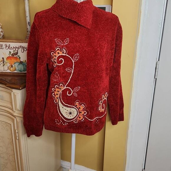 Alfred Dunner chenille floral embroidered turtleneck rust women's size Small - Picture 2 of 5